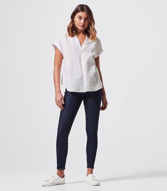 Dallas Grandad Blouse - White/Stone Brown Stripe 