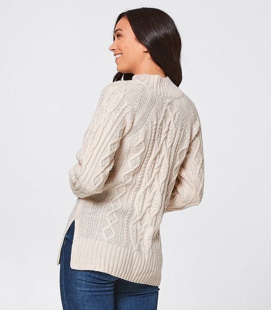 Funnel Neck Cable Knit Tunic - Ecru White Marle