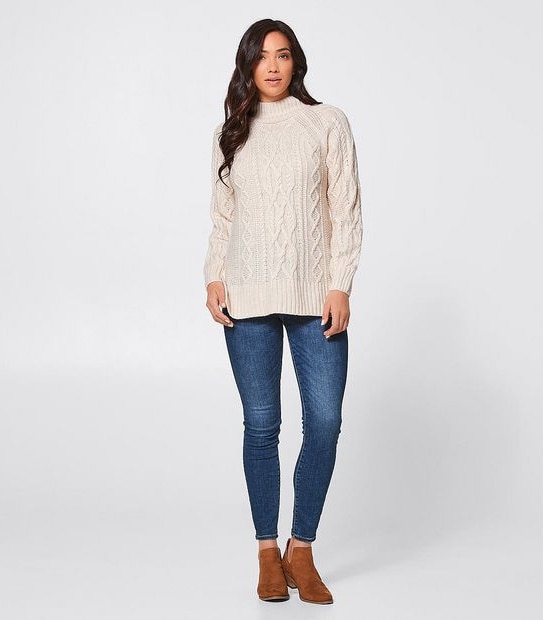 Funnel Neck Cable Knit Tunic - Ecru White Marle