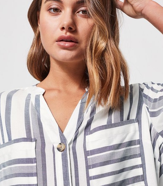 Grandad Shirt - Tan Brown/Blue Stripe