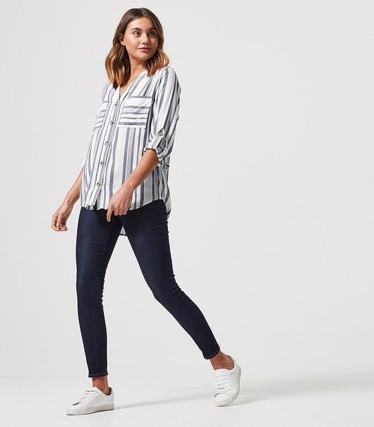Grandad Shirt - Tan Brown/Blue Stripe