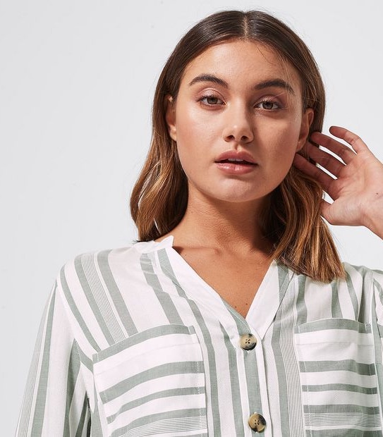 Grandad Shirt - Tan Brown/Khaki Green Stripe