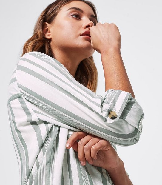 Grandad Shirt - Tan Brown/Khaki Green Stripe