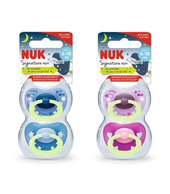 NUK Signtaure Nights Glow in the Dark Silicone Soother - 2 Pack - 6-18 months - Assorted*