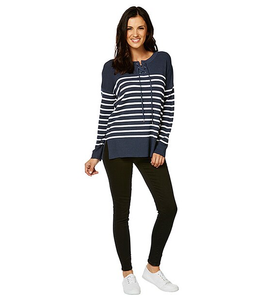 Tie Front Jumper - Peacoat / White