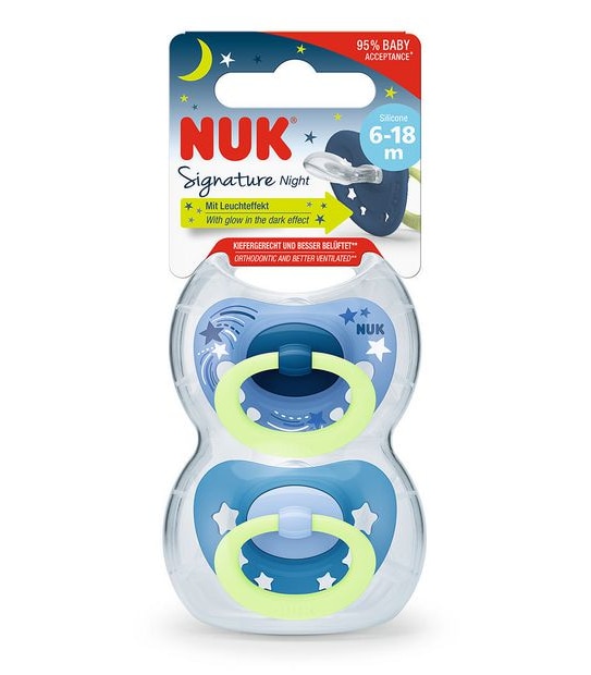 NUK Signtaure Nights Glow in the Dark Silicone Soother - 2 Pack - 6-18 months - Assorted*