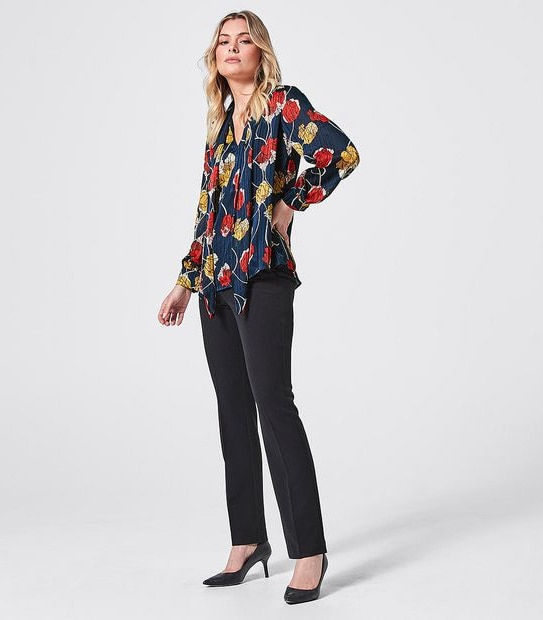 Preview Long Sleeve Pussy Bow Relaxed Shell Top - Linear Tulip Blue