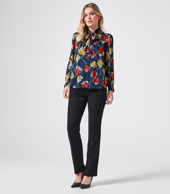 Preview Long Sleeve Pussy Bow Relaxed Shell Top - Linear Tulip Blue