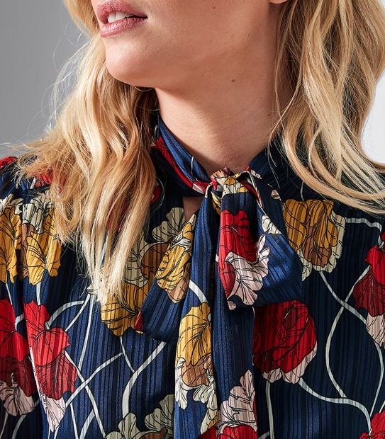 Preview Long Sleeve Pussy Bow Relaxed Shell Top - Linear Tulip Blue