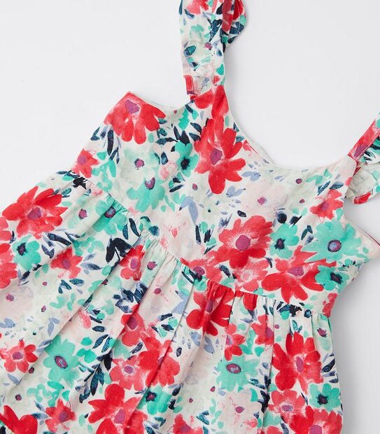 Linen Blend Floral Tiered Dress