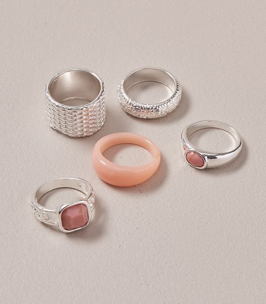 5 Pack Metal and Stone Rings - Silver