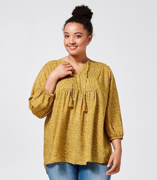 Belle Curve Pleated Peasant Top - Yellow Print