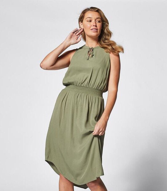 Shirred Waist Midi Length Dress