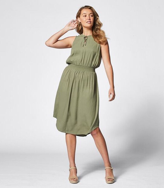 Shirred Waist Midi Length Dress
