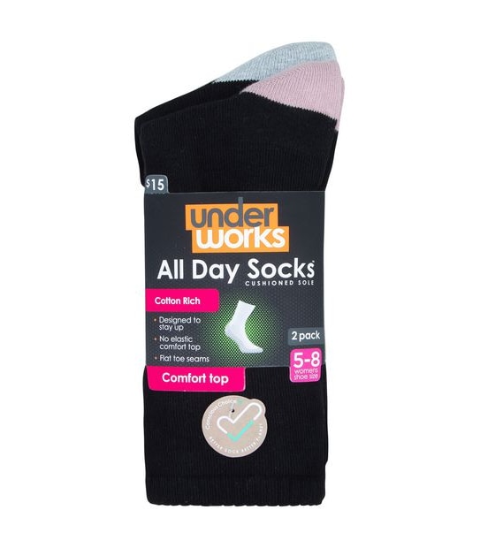 Underworks 2 Pack All Day Cushioned Sole Socks - Black