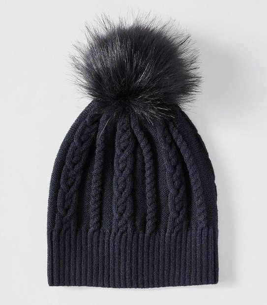 Cable Knit Pom Pom Beanie - Navy Blue