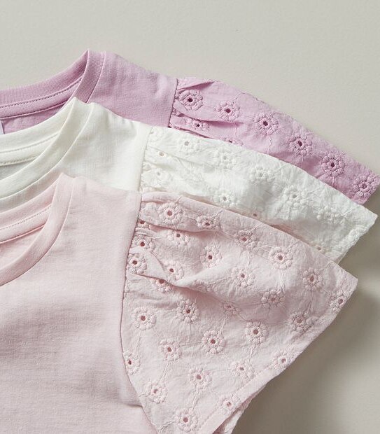 3 Pack Broderie Sleeve T-shirt
