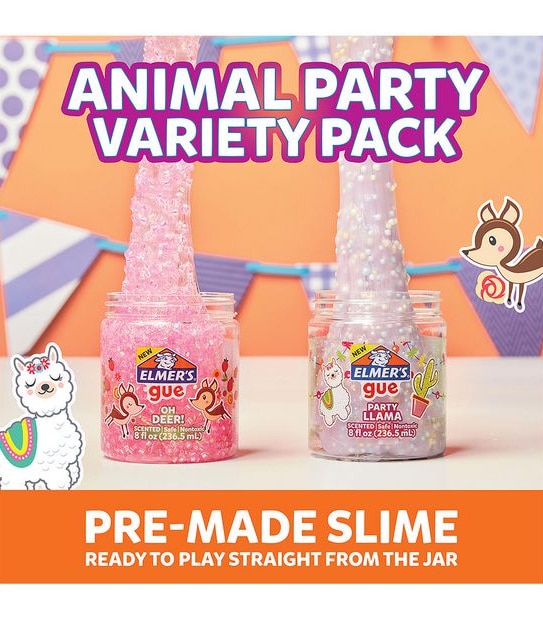 Elmer's Gue Premade Slime Mix-Ins, 2 x 8oz Jar - Animal Party Variety - Scented Crunchy Slime and Bingsu Bead Slime