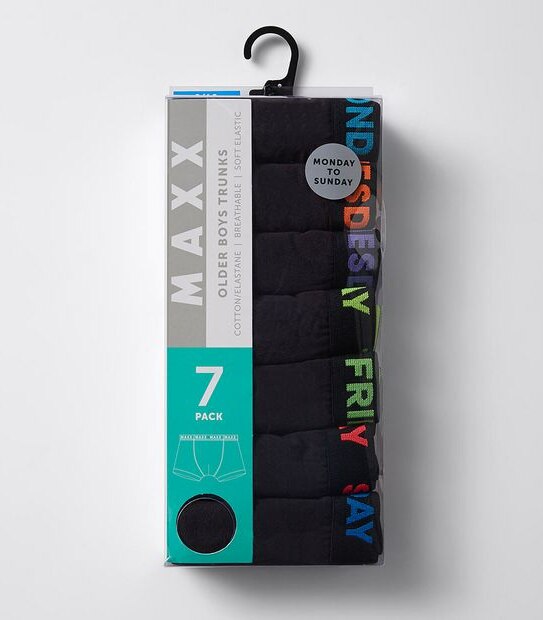 Maxx Older Boys 7 Pack Days Of The Week Trunks - Black