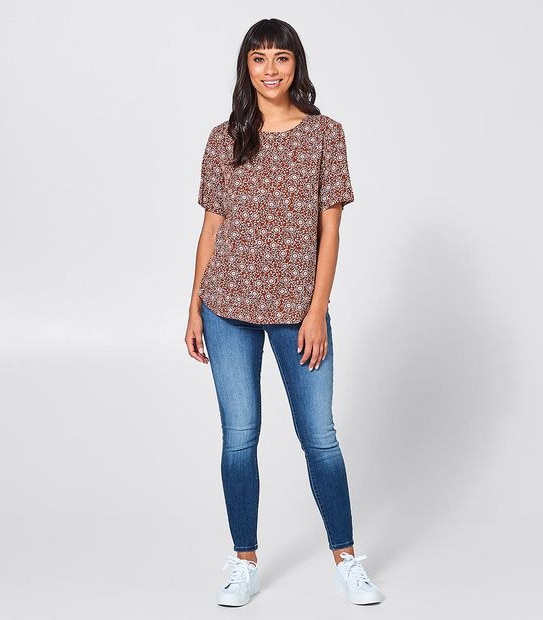 Mary Curved Hem Blouse - Red Floral