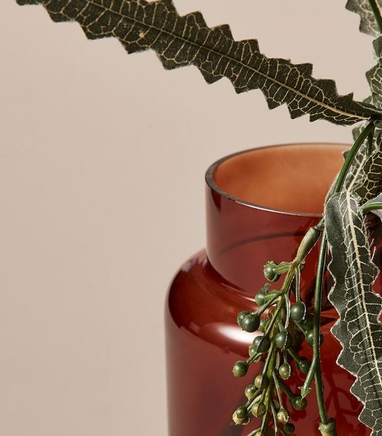 Faux Greenery in Amber Vase