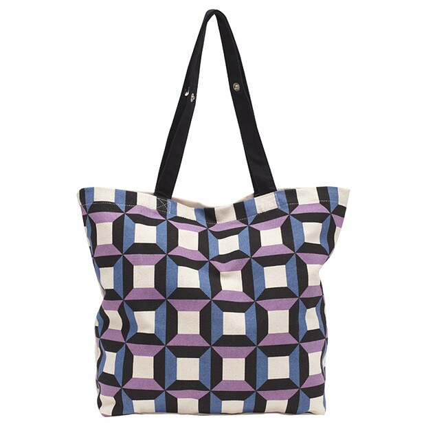 Geo Print Canvas Shopping Tote - Blue / Purple Geo Print Canvas Shopping Tote - Blue / Purple