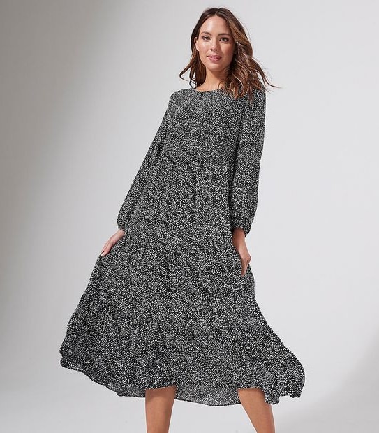 EcoVero Tiered Midi Length Dress - Scratch Spot Black/White 2 of 5