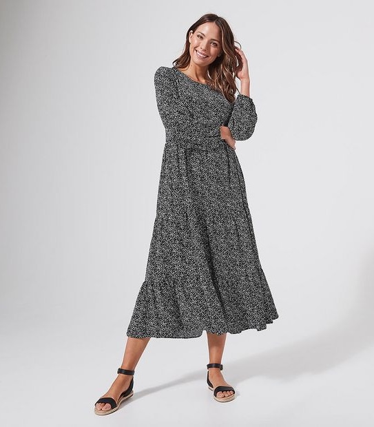 EcoVero Tiered Midi Length Dress - Scratch Spot Black/White
