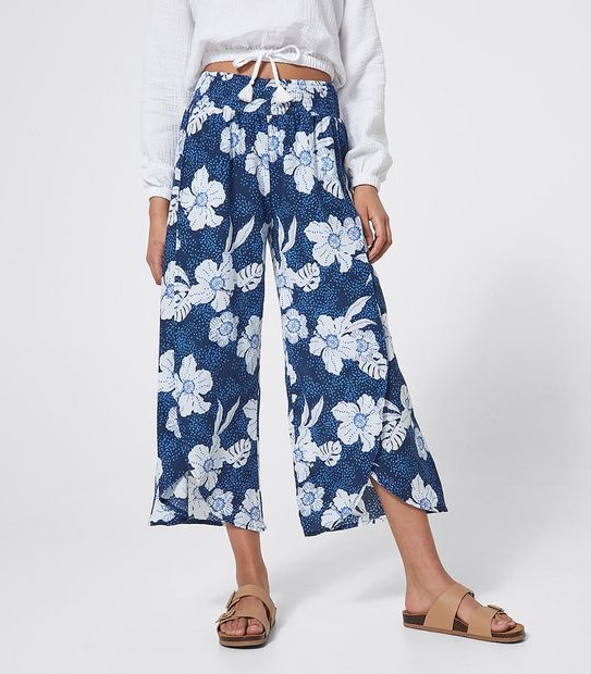 Piping Hot Split Beach Pants - Navy Blue Tropical