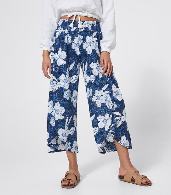 Piping Hot Split Beach Pants - Navy Blue Tropical