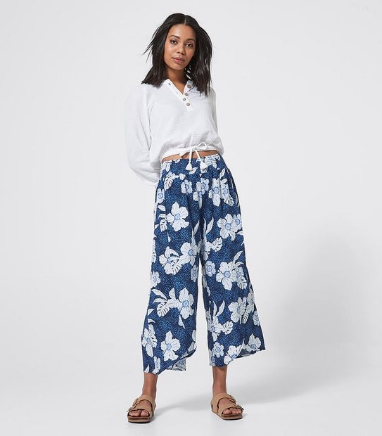 Piping Hot Split Beach Pants - Navy Blue Tropical