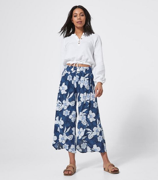 Piping Hot Split Beach Pants - Navy Blue Tropical