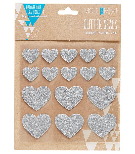 Molli & Mimi 32 Pack Heart Glitter Seals - Silver