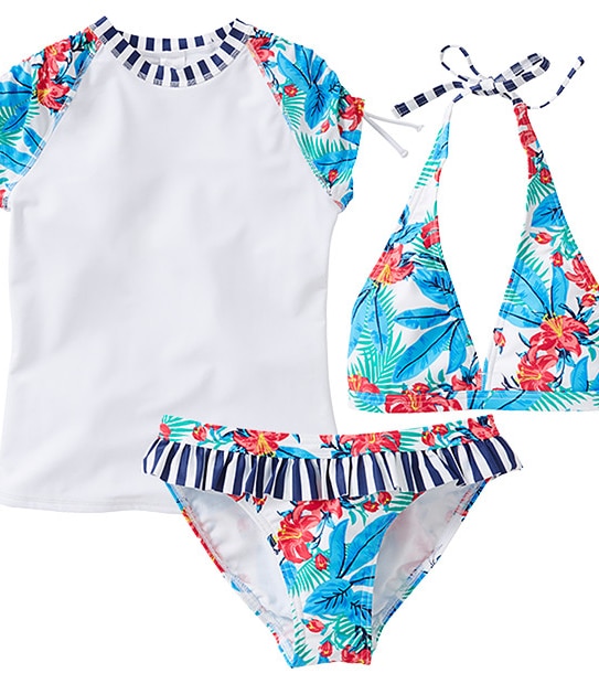 Girls' Tropical Print Rash Vest And Bikini Set