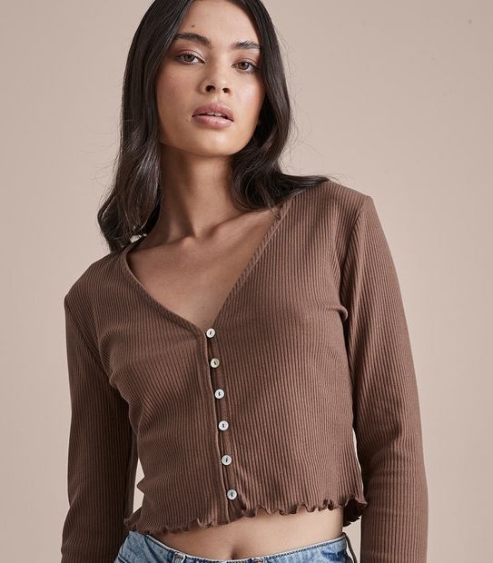 Lily Loves Button Front Rib V-Neck T-Shirt