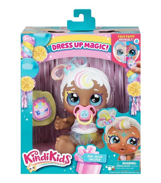 Kindi Kids Dress Up Magic Mini Mello Unicorn Baby Sister face paint Reveal Doll
