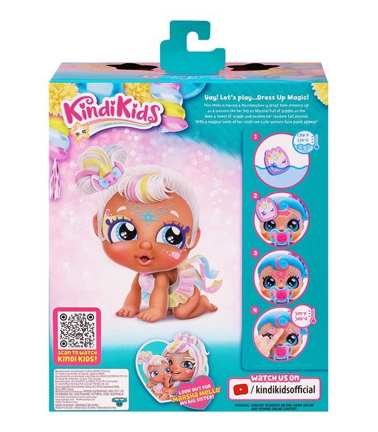 Kindi Kids Dress Up Magic Mini Mello Unicorn Baby Sister face paint Reveal Doll
