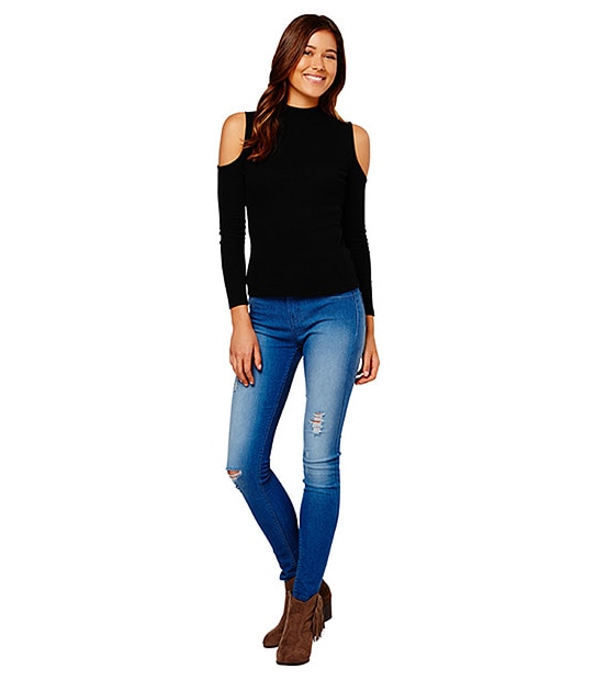 Lily Loves Rib Cut-Out Shoulder Top - Black