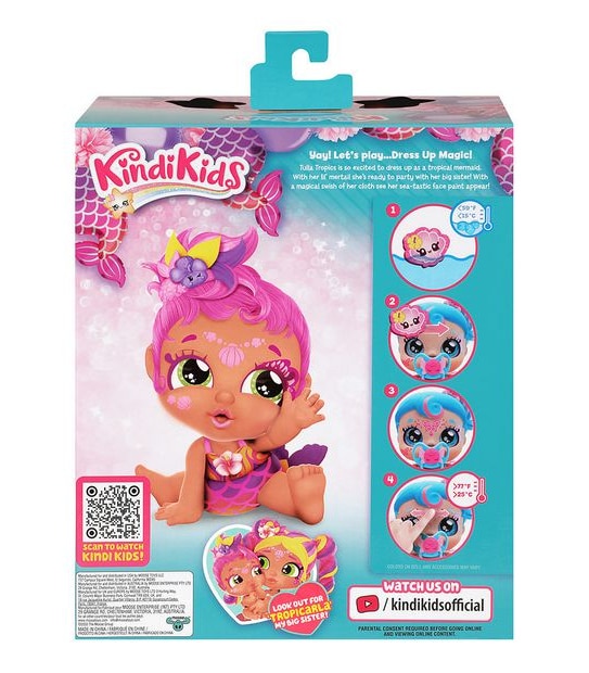 Kindi Kids Dress Up Magic Tulla Tropics Mermaid Baby Sister face paint Reveal Doll