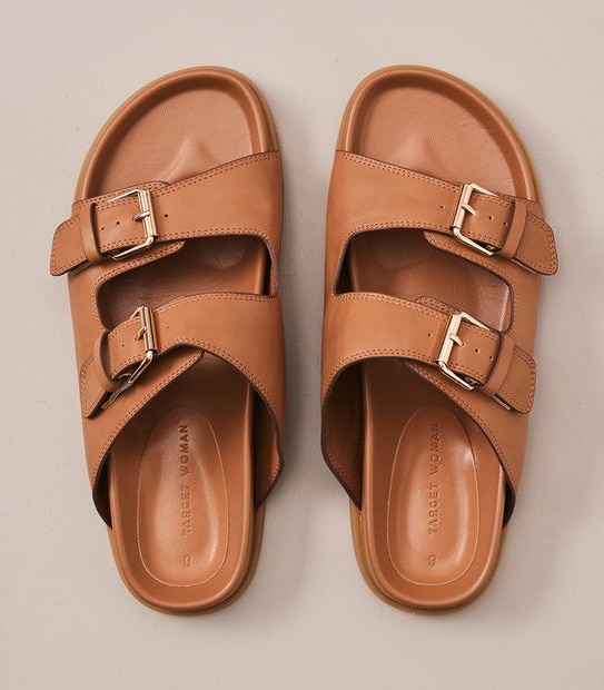 W MADDIE TAN DOUBLE BUCKLE SLIDE  SIZE 6-11