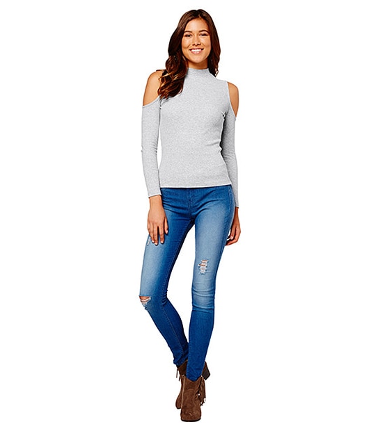 Lily Loves Rib Cut-Out Shoulder Top - Grey