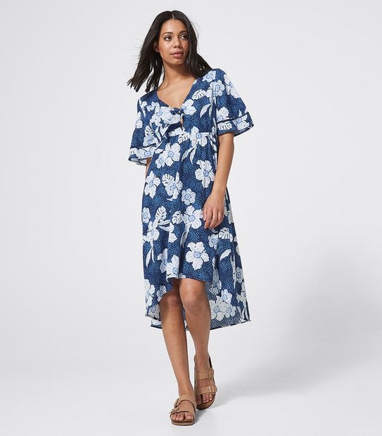 Piping Hot Kimono Sleeve Midi Dress - Navy Blue Tropical