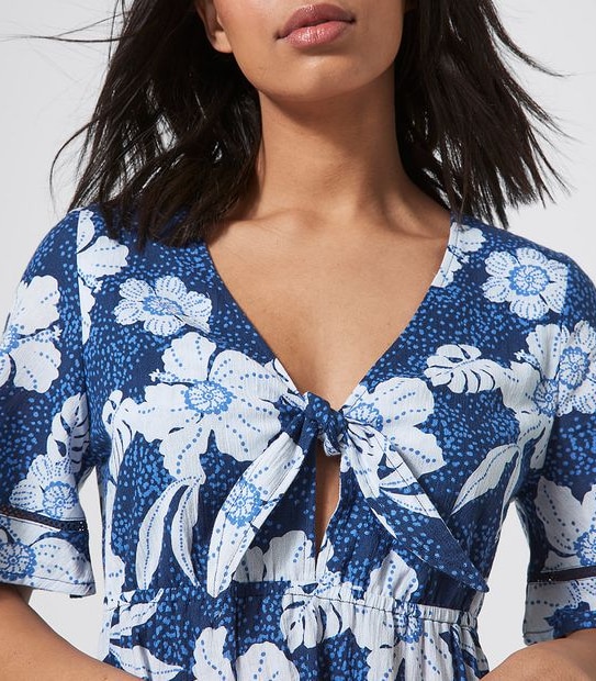 Piping Hot Kimono Sleeve Midi Dress - Navy Blue Tropical
