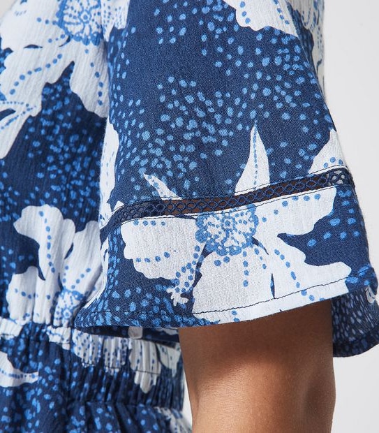 Piping Hot Kimono Sleeve Midi Dress - Navy Blue Tropical
