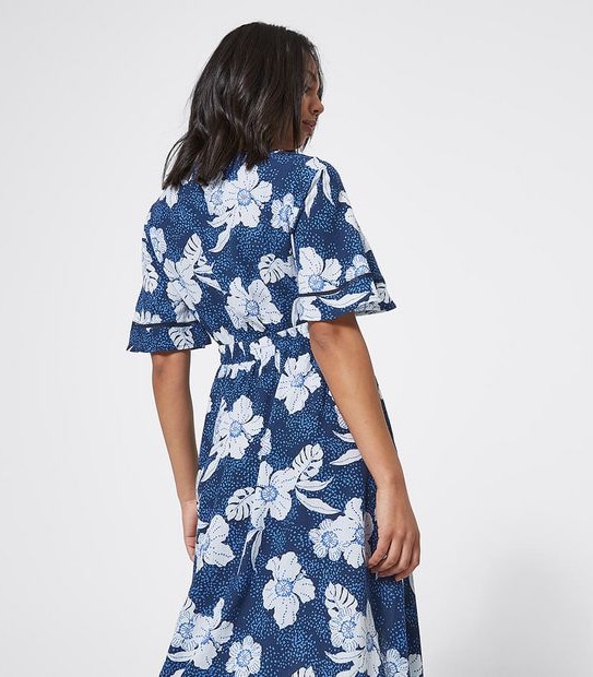 Piping Hot Kimono Sleeve Midi Dress - Navy Blue Tropical