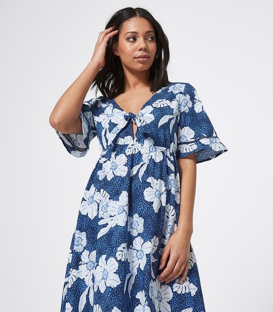 Piping Hot Kimono Sleeve Midi Dress - Navy Blue Tropical