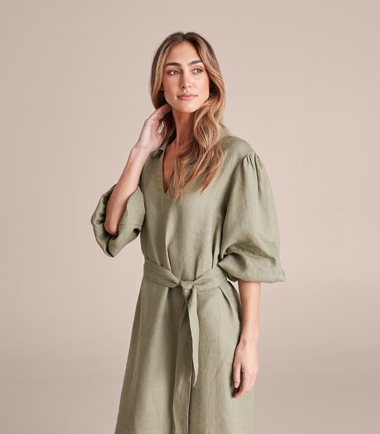 European Linen Puff Sleeve Popover Dress