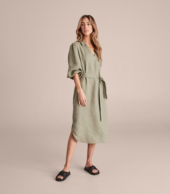 European Linen Puff Sleeve Popover Dress