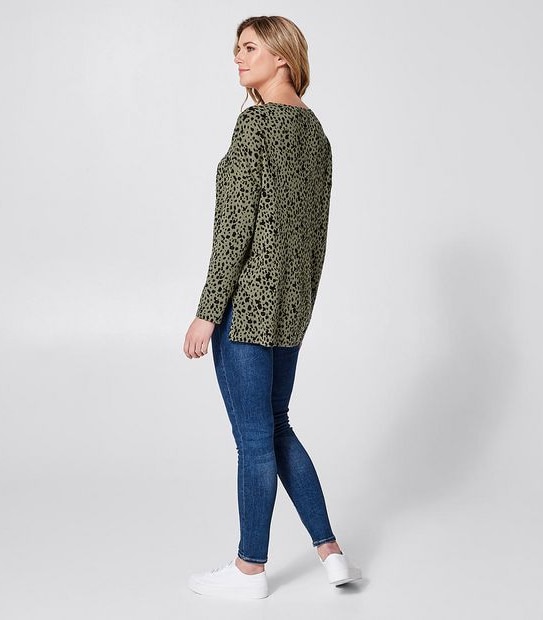 Oversized Boatneck Jumper - Textured Khaki Green Leopard