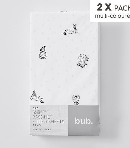 2 Pack Fitted Bassinette Sheets - Bunny